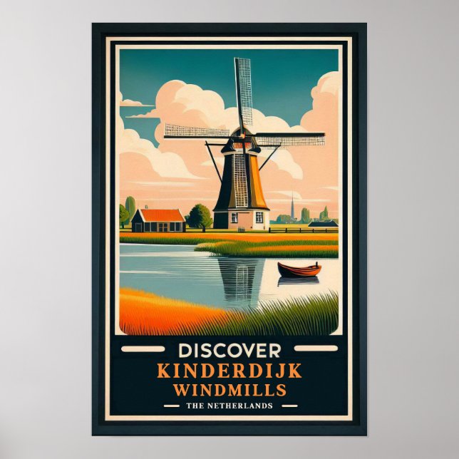 Poster de voyage vintage Kinderdijk Windmills (Devant)