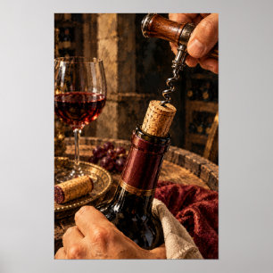 Poster Déboucher une bouteille de vin rouge – Nature mort