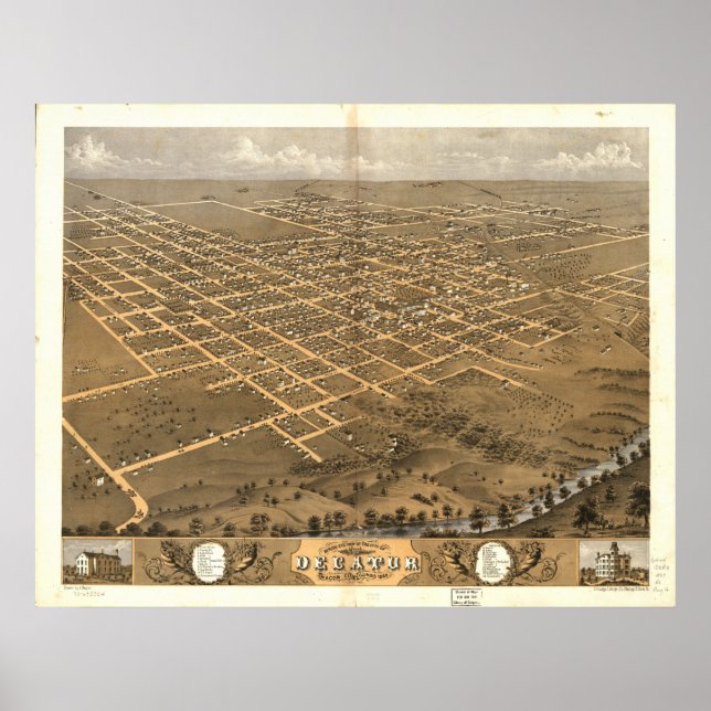 Poster Décatur Illinois 1869 Carte panoramique antique (Devant)