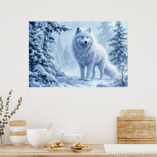 Poster Décor de glace de loup blanc de forêt neigeuse