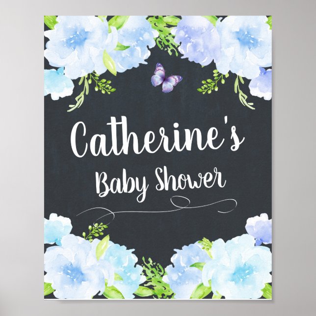 Poster Décor de l'affiche du Baby shower Floral bleu (Devant)