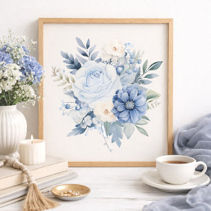 Poster Décor de maison floral bleu poussiéreux blanc
