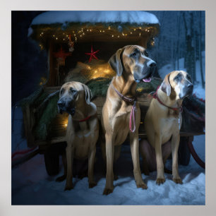 Poster Décor de Noël au traîneau enneigé Rhodesian Ridgeb