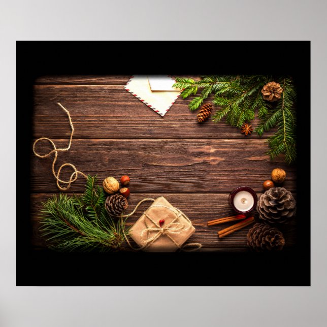 Poster Décor de Noël avec Grange Bois et Pin (Devant)