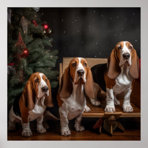 Poster Décor de Noël Basset Hound Snowy Sleigh