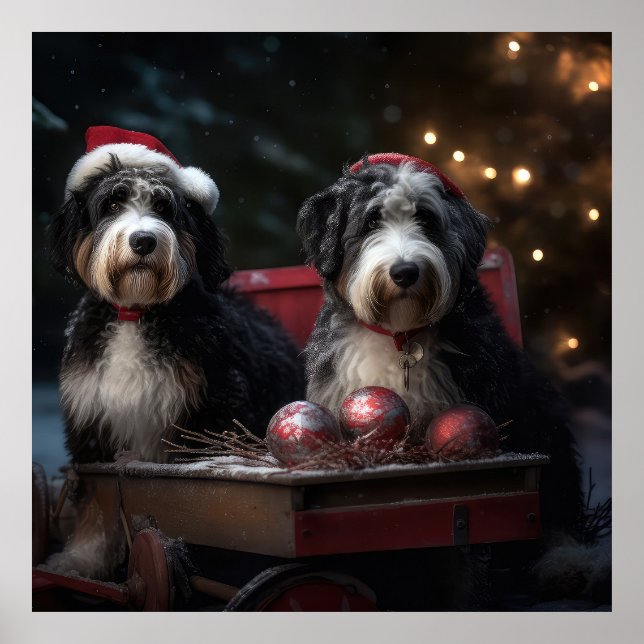 Poster Décor de Noël Bernedoodle Snowy Sleigh (Devant)