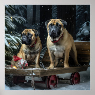 Poster Décor de Noël Bullmastiff Snowy Sleigh