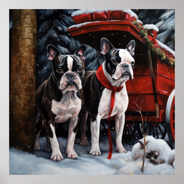 Poster Décor de Noël de Boston Terrier Snowy Sleigh (Devant)