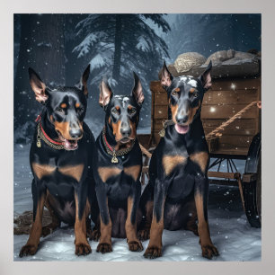 Poster Décor de Noël Doberman Snowy Sleigh