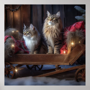 Poster Décor de Noël du Maine Coon Snowy Sleigh