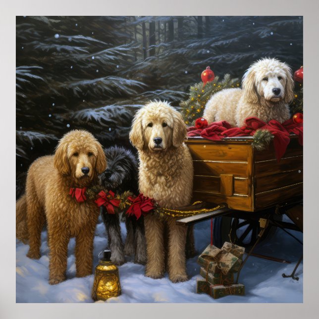Poster Décor de Noël Goldendoodle Snowy Sleigh (Devant)