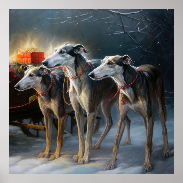 Poster Décor de Noël Greyhound Snowy Sleigh (Devant)