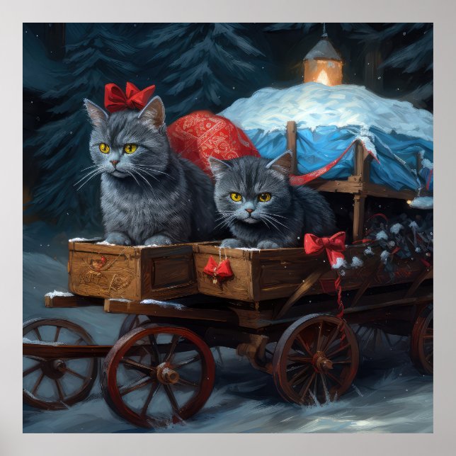 Poster Décor de Noël Oriental Blue Cat Snowy Sleigh (Devant)