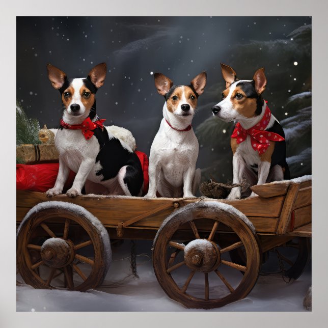 Poster Décor de Noël Rat Terrier Snowy Sleigh (Devant)