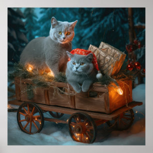 Poster Décor de Noël russe Blue Cat Snowy Sleigh