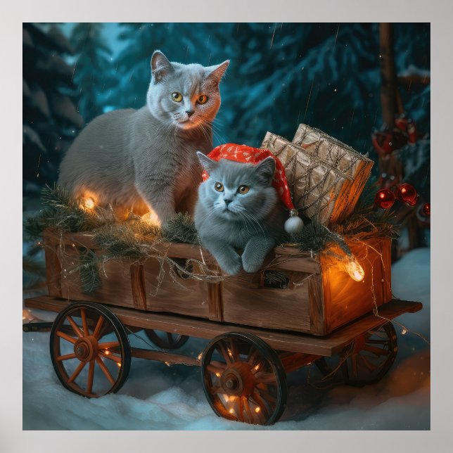 Poster Décor de Noël russe Blue Cat Snowy Sleigh (Devant)
