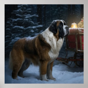 Poster Décor de Noël Saint Bernard Snowy Sleigh