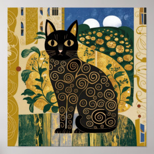 Poster Décor doré Gustav Klimt Style Chat Noir Art