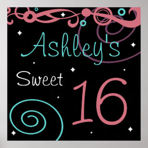 Poster Décor personnalisé Black Sweet 16 Anniversaire