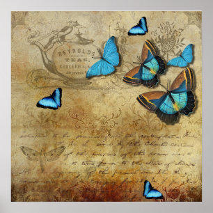 Poster Découpage rustique antique N Papillons bleus