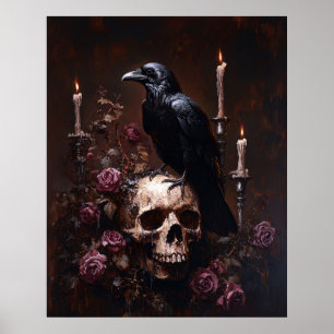 Poster Découpe de corbeau sur crâne avec bougies
