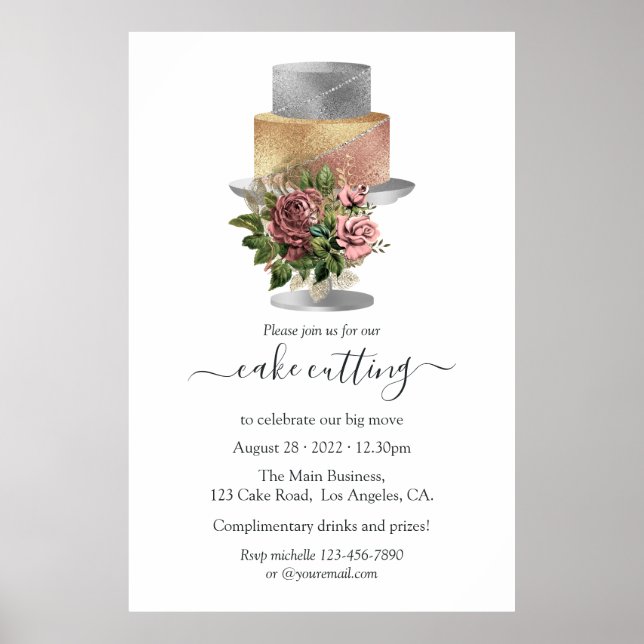 Poster Découpe de gâteau floral argent et or tendance (Devant)