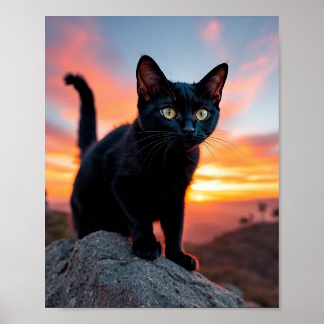 Poster Découpure de chat noir au coucher du soleil sur to (Devant)