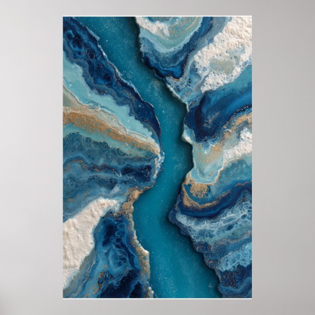 Poster Deep Blue Gold Vein Ocean Abstract (Devant)