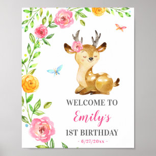 Poster Deer Girl First Birthday Colorful Animal Welcome
