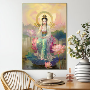 Poster Déesse bouddhiste Quan Yin : Jardin de lotus rose 