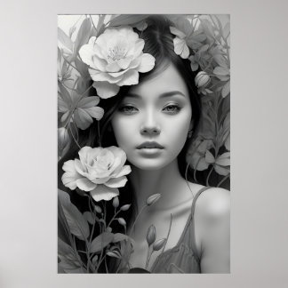 Poster Déesse florale en noir et blanc
