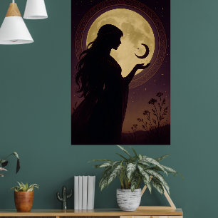 Poster Déesse Lunaire Mystique, Silhouette de Femme Céles