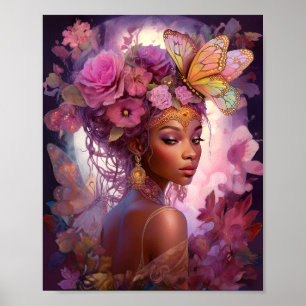 Poster Déesse noire Art Imaginaire rose violet