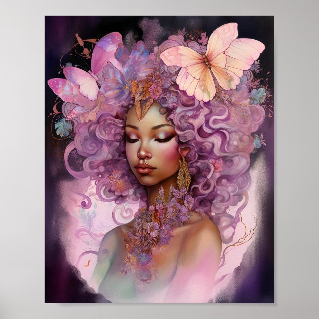 Poster Déesse noire Art Imaginaire rose violet (Devant)