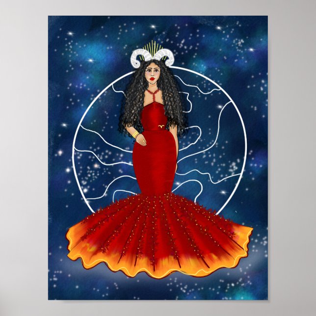 Poster Déesse Zodiac Aries avec Planète Mars Celestiale (Devant)