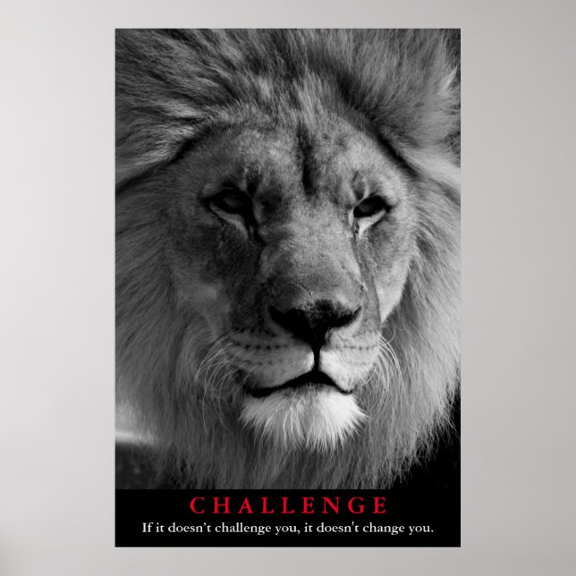 Poster Défi de motivation du lion noir et blanc (Devant)