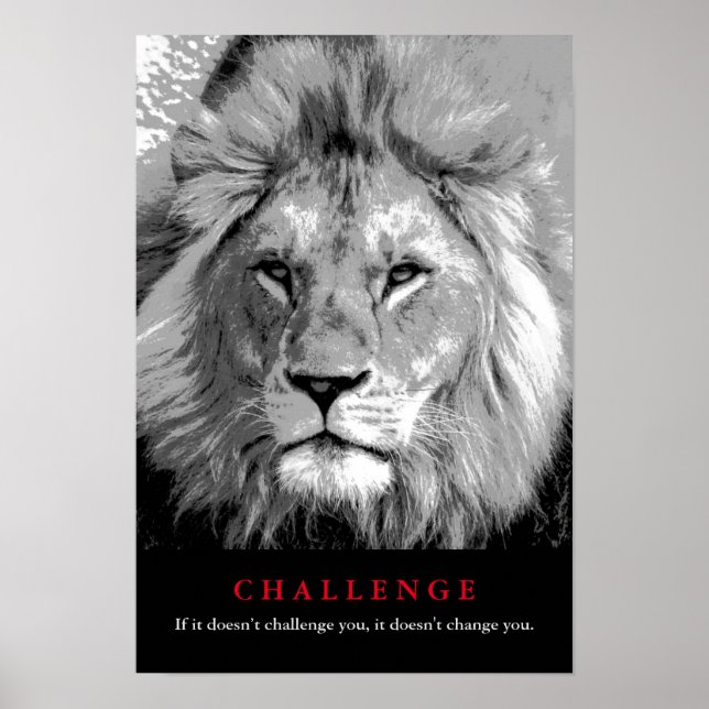 Poster Défi de motivation du lion noir et blanc (Devant)