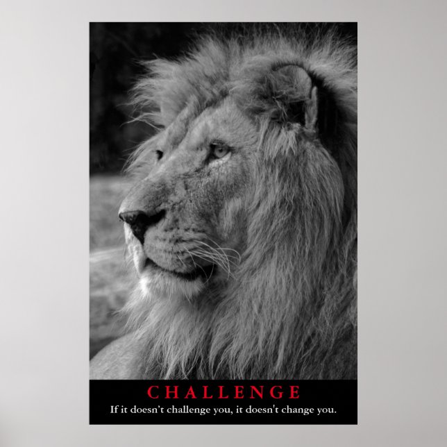 Poster Défi Motivatif animal Lion noir et blanc (Devant)