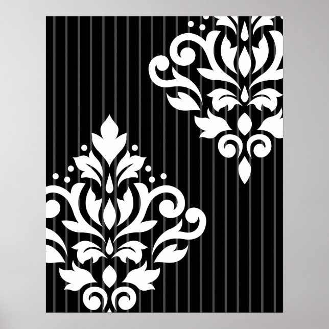 Poster Défiler Damask Art I Blanc sur Gris Stripes & Noir (Devant)