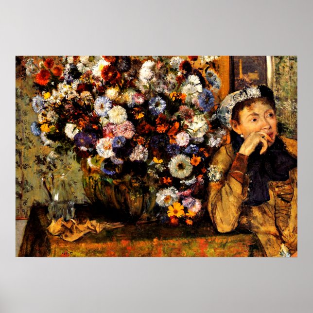 Poster Degas - Une femme assise à côté d'un vase de fleur (Devant)