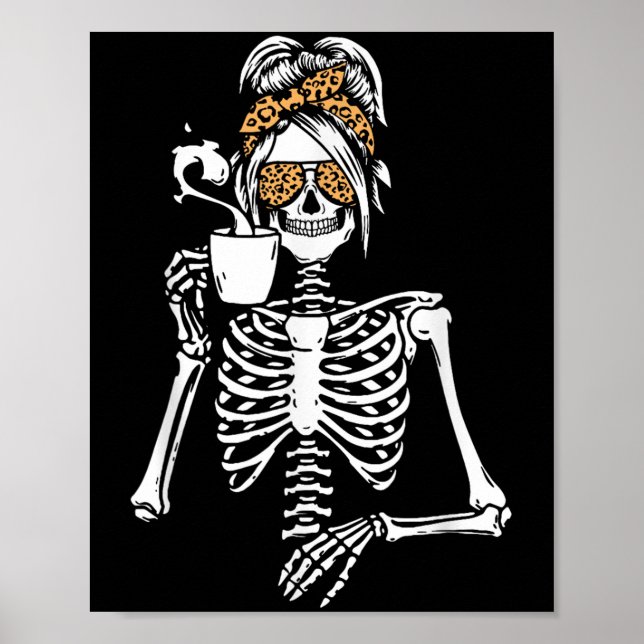 Poster Déguisement d'Halloween de squelette buvant du caf (Devant)