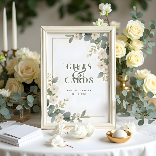 Poster Delicate Floral & Eucalyptus Wedding  Gift & Cards (Delicate Flowers and Eucalyptus Wedding Frame Table Gift Sign and Cards.)
