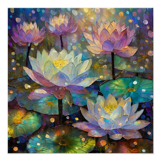 Poster Delicate Lotus Flowers Blossoming in the Snow (Devant)
