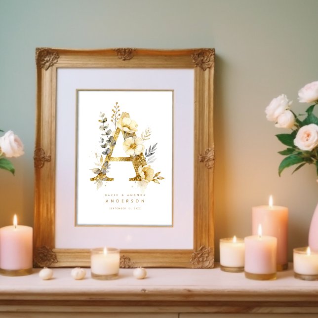 Poster Delicate Romantic Floral A Letter Gold Glitter (Delicate Romantic Floral A Letter in Gold Glitter Effect Posters Decor for Couples. )