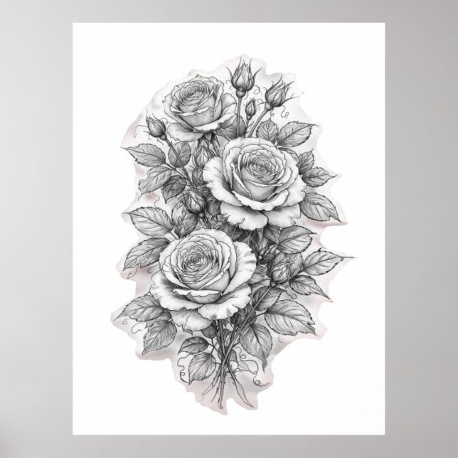Poster Delicate Romantic Rose Bouquet Sketch  (Devant)