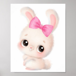 Poster Délicieux Lapin avec Ruban Rose sur Toile de Fond