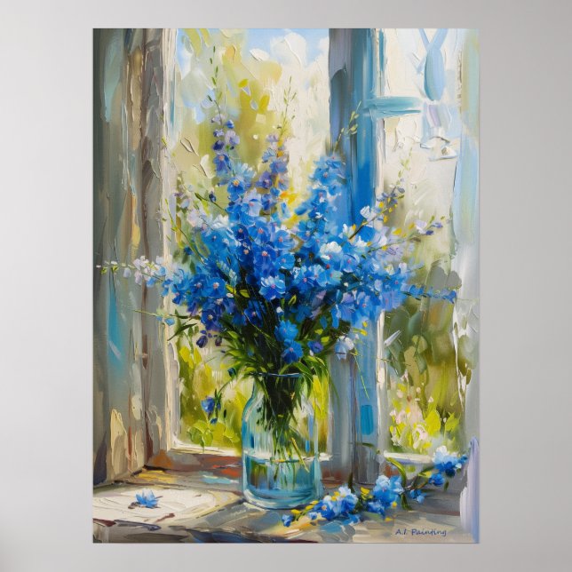 Poster Delphiniums Bleus Dans Le Vase Par La Fenêtre A. I (Devant)