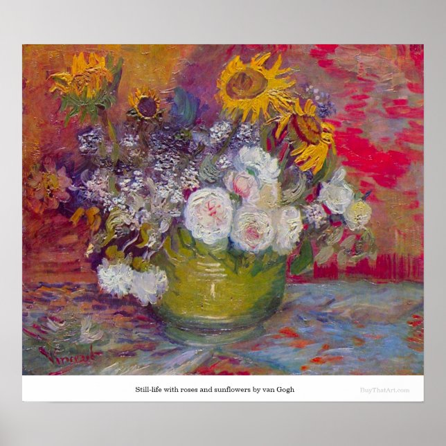 Poster Demeure de vie avec roses et tournesols par van Go (Devant)