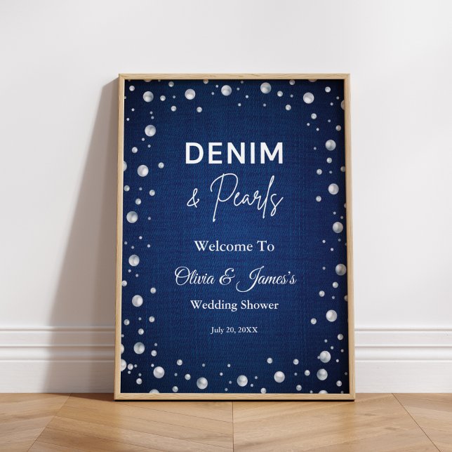 Poster Denim Diamonds Pearls Blue Couple's Shower Bienven (Denim Diamonds Pearls Blue Couple's Shower Welcome Sign )