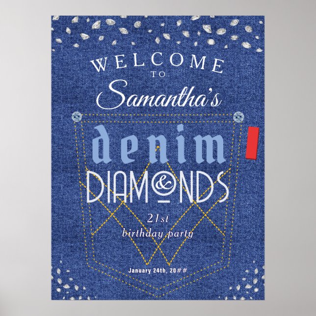 Poster Denim et Diamonds Blue Jeans Bling Anniversaire (Devant)